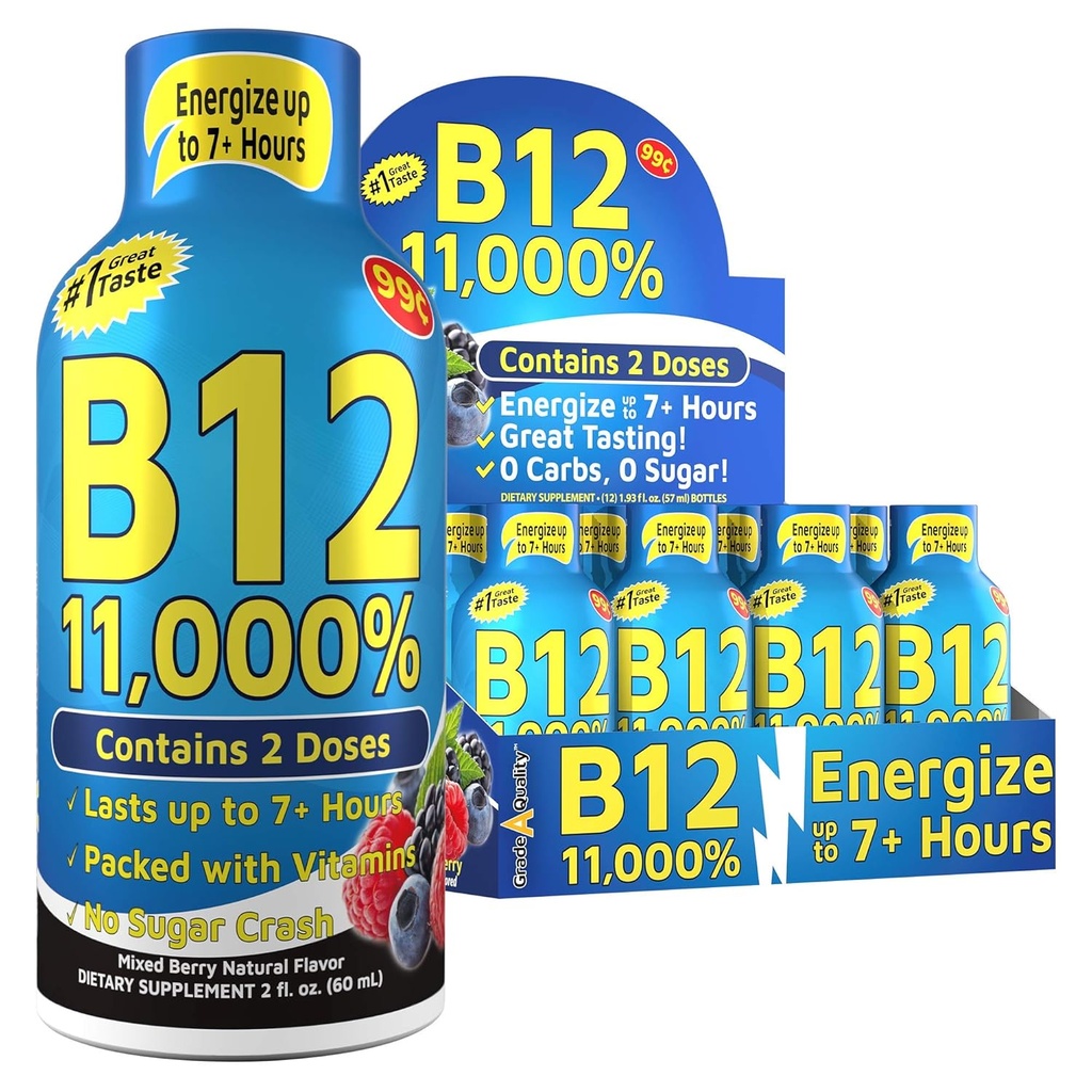 Vitamine Energy Shops, mélange de saveur de baie, jusqu'à 7+ heures d'énergie, 1,93 Fl Oz, 12 Compte