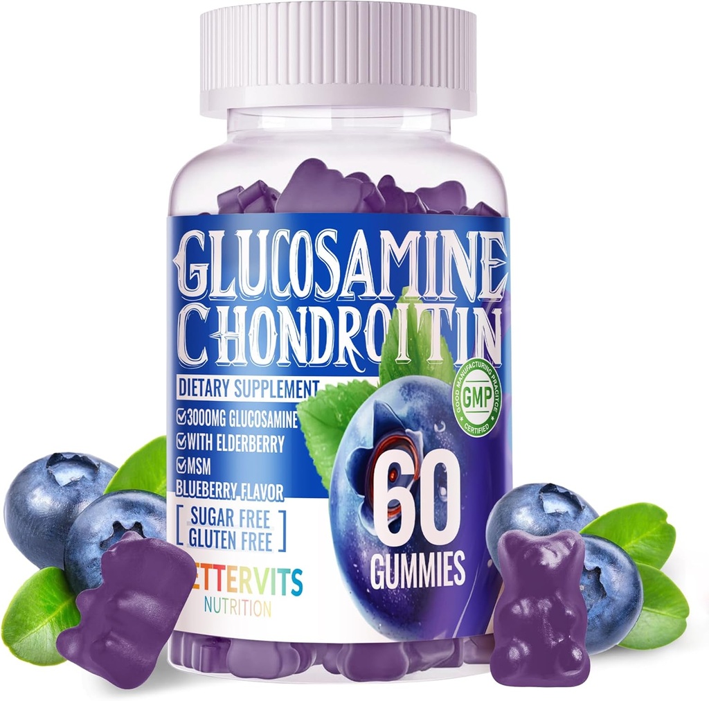 Glucosamine Chondroitin Gummies met MSM & Vlierbes Extra sterkte - Gezamenlijke ondersteuning, Antioxidant Immuun Ondersteuning Supplement voor volwassenen, mannen & vrouwen.60 Blueberry Gummies