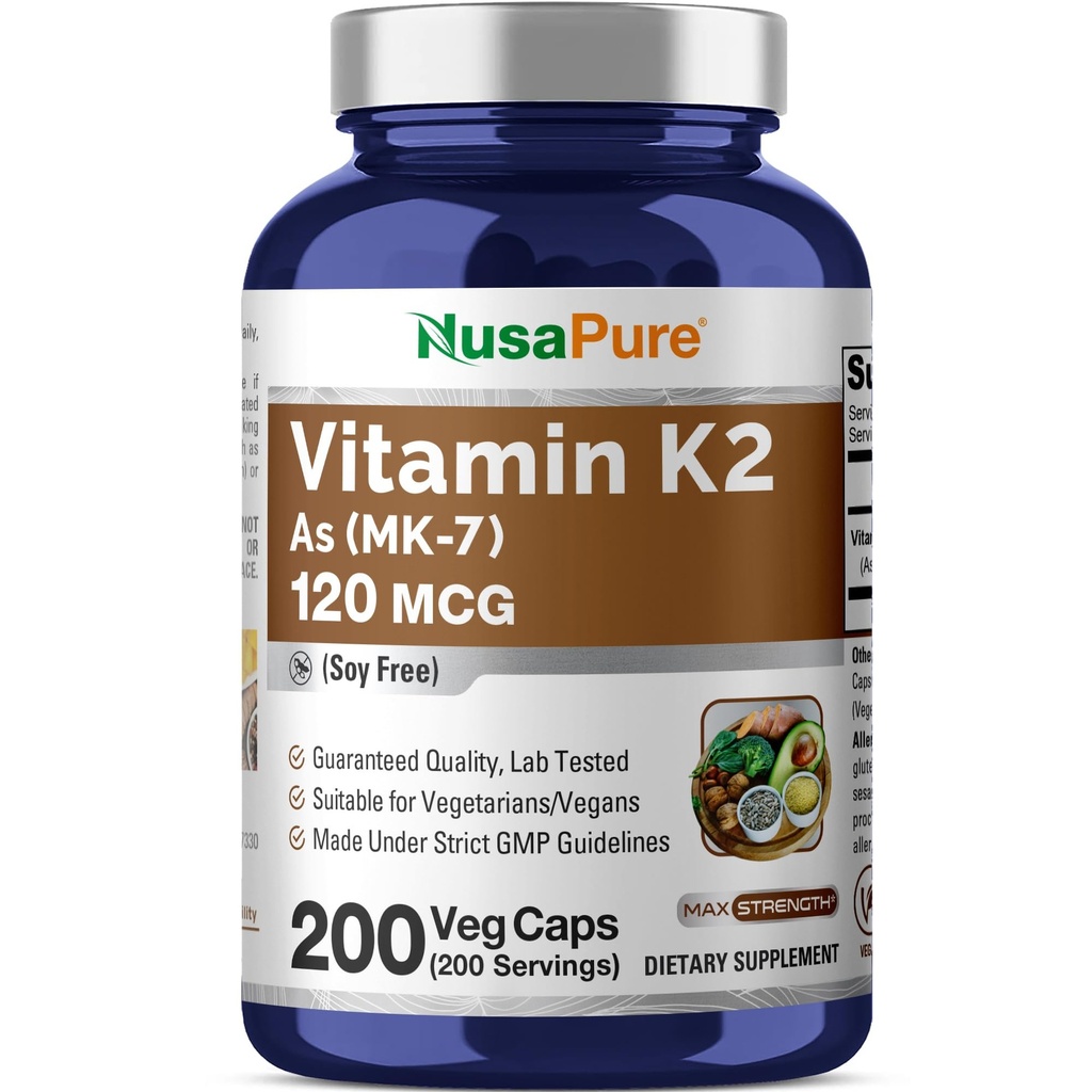 NusaPure Vitamine K2 MK7 120 mcg 200 Veggie Caps (Soy Free, Non-GMO, Vegan)