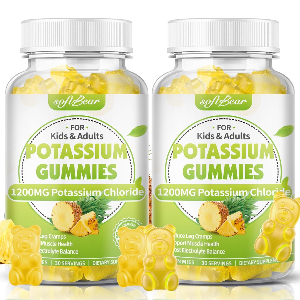 softbear Potassium Chlorure Gommies 1200mg, Potassium Gommies sans sucre pour adultes Soutien Crampes de jambe Supplément de chlorure de potassium de haute puissance, ananas Flavor 120 Comte
