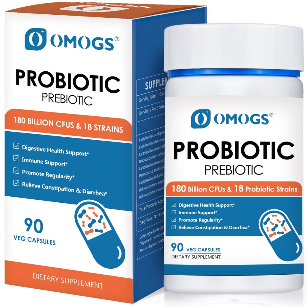 OMOGS Probiotica 120 Miljard CFUs 18 Strains, 3 Prebiotica & Digestieve Enzymes, Helpt Digestief, Gut Health, Immune, Ondersteunt Occasional Constipatie, Diarree & Gas - voor vrouwen & Mannen, 60 Capsules