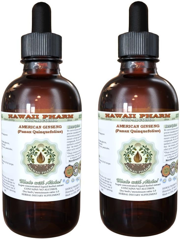 American Ginseng Alcoholvrije Liquid Extract, Ginseng (Panax Quinquefolius) Gedroogde Wortel Glycerite Hawaii Pharm Natural Kruidensupplement 2x4 oz