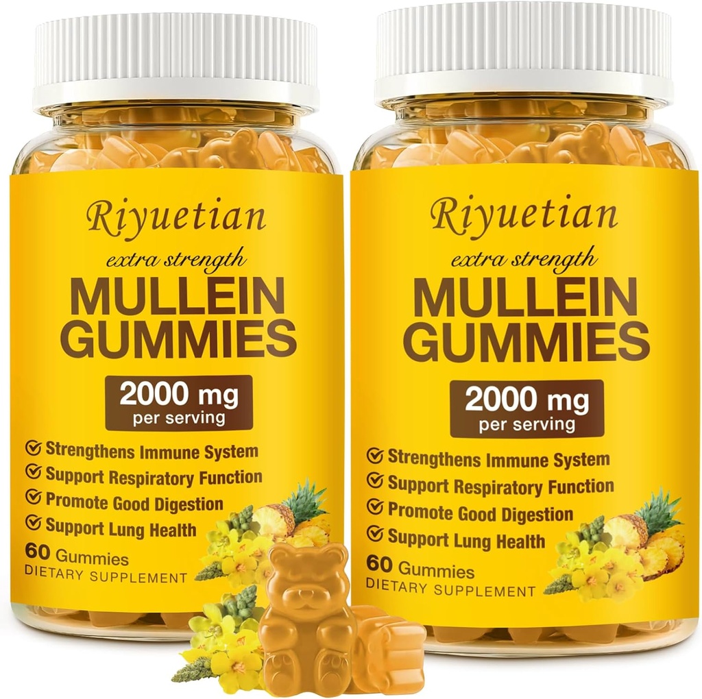Mullein Gummies, 2000mg Organic Mullein Leaf Extract for Clear Longs, Boost Respirator & Digestief, Immune Booster for Adults & Kids, Allergie Friendly, Non-GMO, 120 Gummies