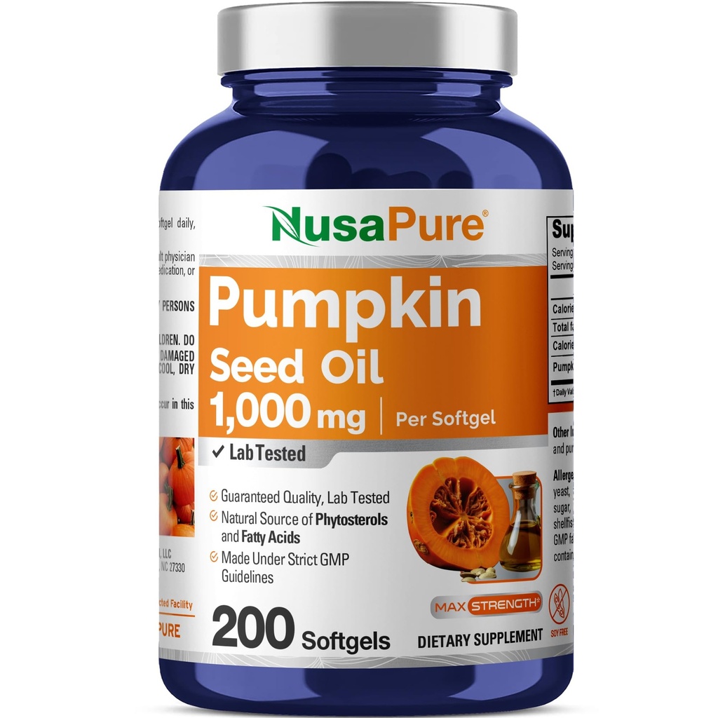 NusaPure Pumpkin Seed Oil 1000mg 200 Softgel Capsules (Non-GMO, Soyfree) Natuurlijk voorkomende Phytosterolen