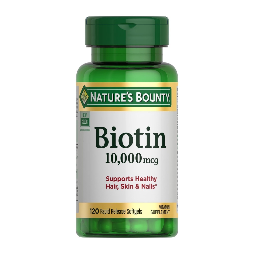 Nature's Bounty Biotin Hair Skin and Nails Vitamines, Ondersteunt gezond haar, huid en nagels, 10.000 mcg, 120 Softgels (Pack of 1)