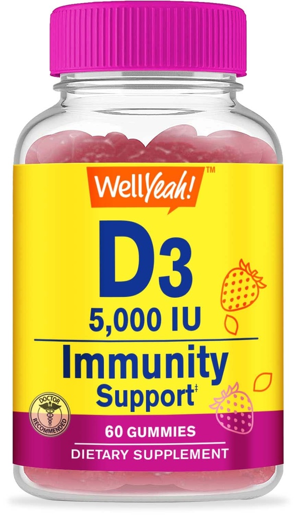 WellYeah Vitamin D3 5000 IE (125 mcg) Extra Strengte Gummies -voor Bone Health, Immune Booster, Bone and Teeth Support -Niet GGO, Glutenvrij, Nootvrij, Vegetarisch -Strawberry Flavor -60 Gummies