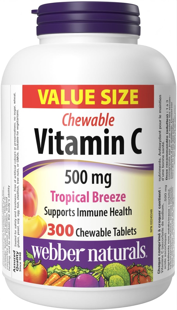 Webber Naturals Vitamine C, 300 Kauwbare Tropical Breeze Flavor Tablets, 500 mg vitamine C per tablet, Bones, Tanden, Immuun en Antioxidant Ondersteuning, Niet GGO, Zuivel en Glutenvrij