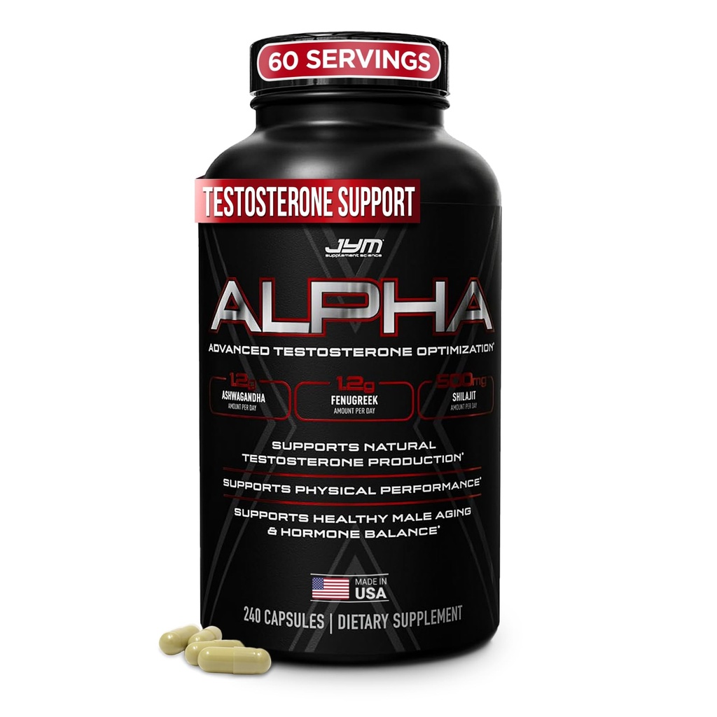 Alpha JYM X Optimisation avancée de l'hormone, Vitalité, Optimisation, DHEA, Ashwagandha, Boron, Shilajit, Fenugreek, Eurycoma, Damiana, Quercetin, DIM, JYM Supplemental Science, 240 capsules