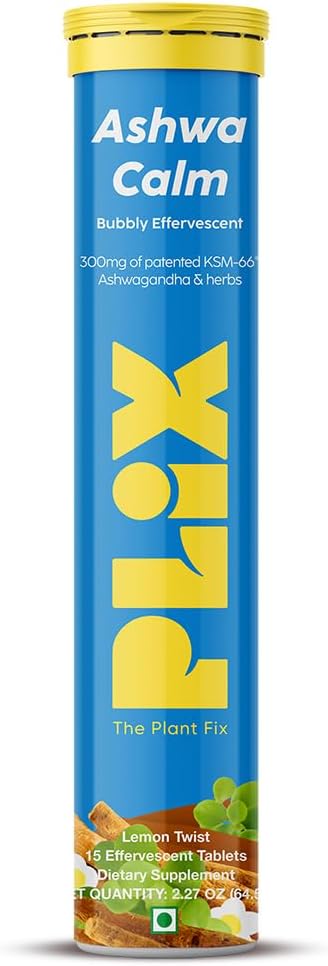 PLIX - THE PLANT FIX KSM-66 Ashwagandha 300mg Bruisende supplementen voor stress, Mood & Energy Support met vitamine D3 & Brahmi - 15 Vegan, non-GMO, glutenvrije tabletten, verpakking van 1