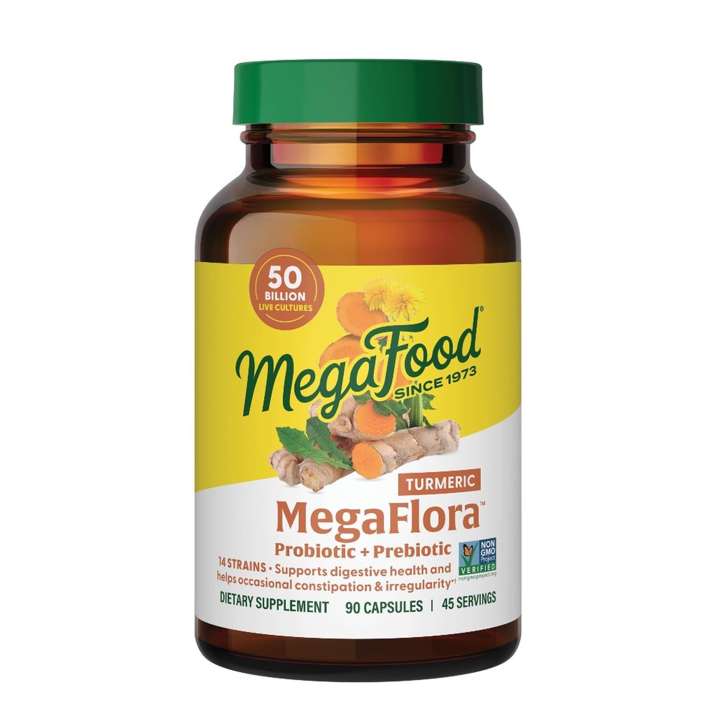 MegaFood MegaFlora Probiotica + Prebiotica Kurkuma Supplement - Prebiotica en Probiotica voor vrouwen en mannen, Digestieve Gezondheid, 50 miljard CFUs, 14 Strains - 90 Capsules (45 Servings)