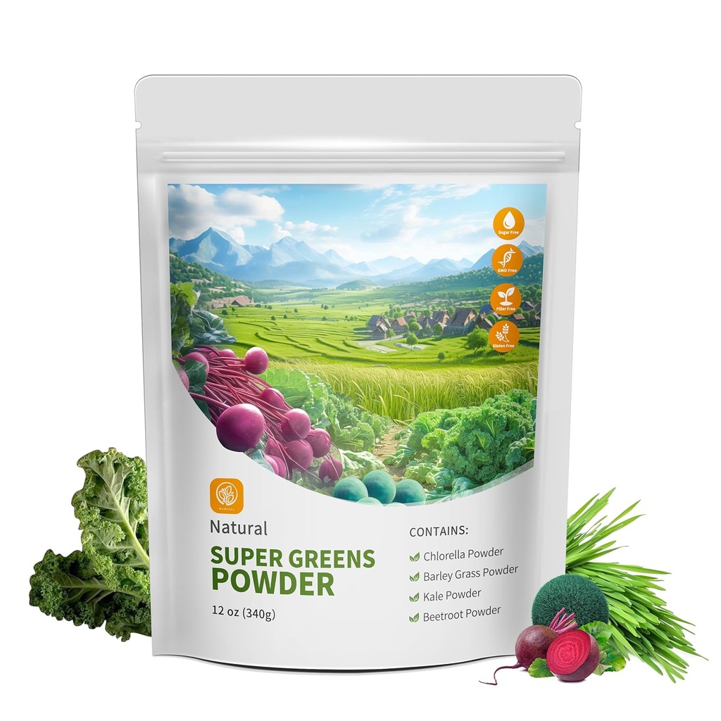 Hudetex Greens Powder Superfood for Immune Support with 12 oz,Greens Powder Smoothie Mix with Chlorella, Barley Grass, Kale & Beetwortel Smoothie Booster, Chlorofyl Providing Greens.