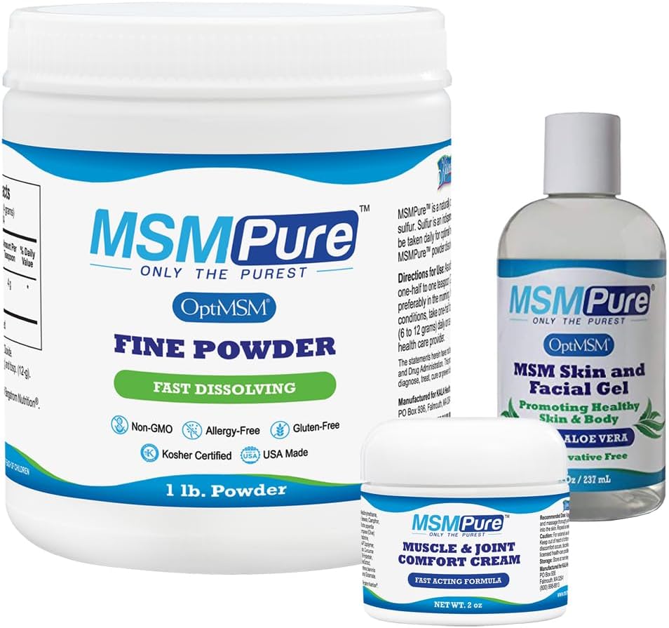 KALA GEZONDHEID MSMPure Starter bundel met MSM fijn poeder 1lb, MSM Muscle & Joint Cream 2oz en MSM Gel met Organische Aloë 8oz