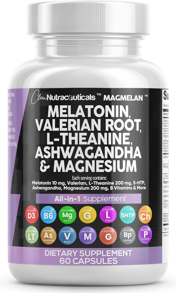 Clean Nutraceuticals Melatonine 10mg Valeriaan wortel L Theanine 200mg Ashwagandha - Slaapondersteuning voor vrouwen en mannen met Magnesium Complex, citroenbalsem, kamille, & Passiebloem - 60 Caps