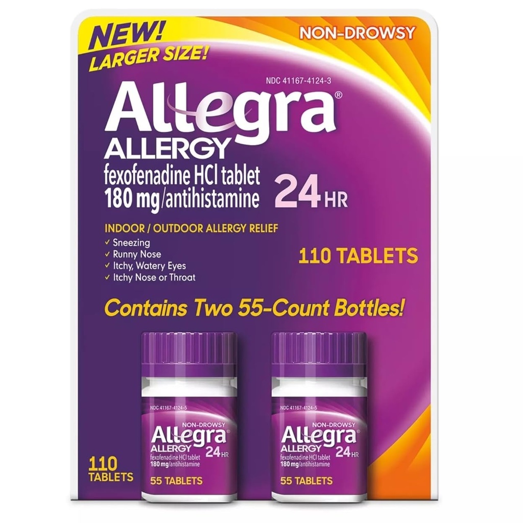 Allegra 24 uur Indoor en Outdoor Allergie Relief 180mg 55 tabletten, Verpakking van 2 (110 st.)