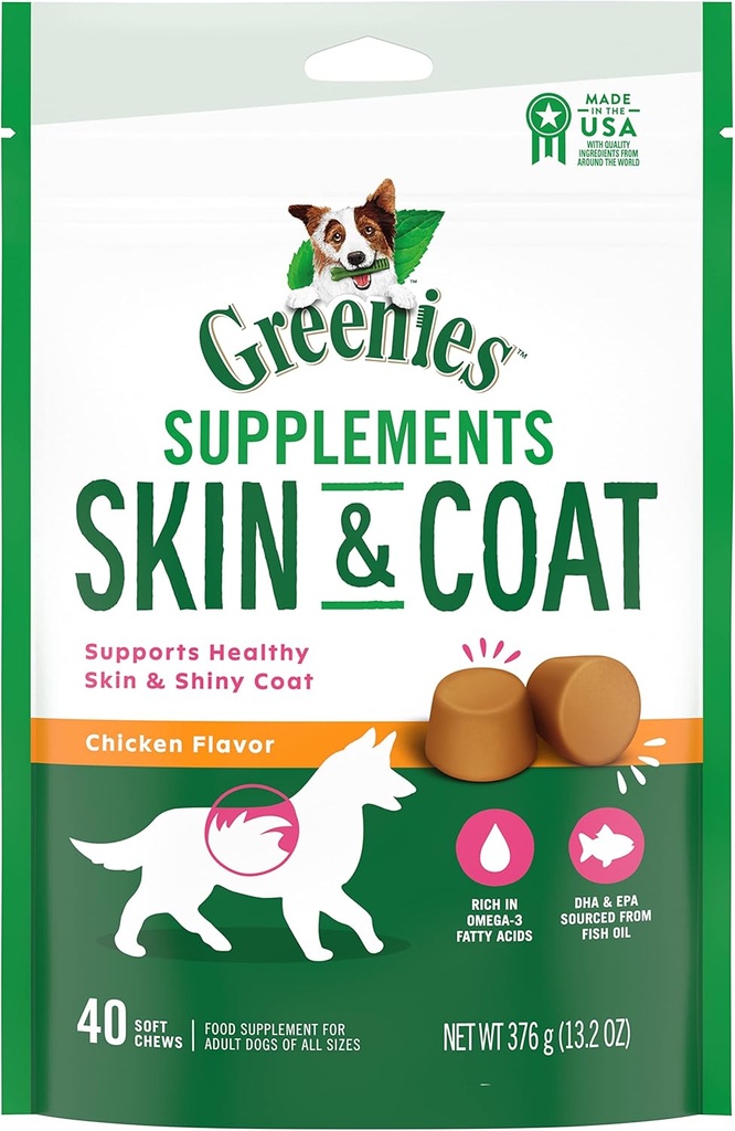 GREENIES Skin & Coat Food Supplements with Fish Oil & Omega 3 Fatty Acids, 40-Count Chicken-Flavor Zachte Kauwen voor volwassen honden van alle maten