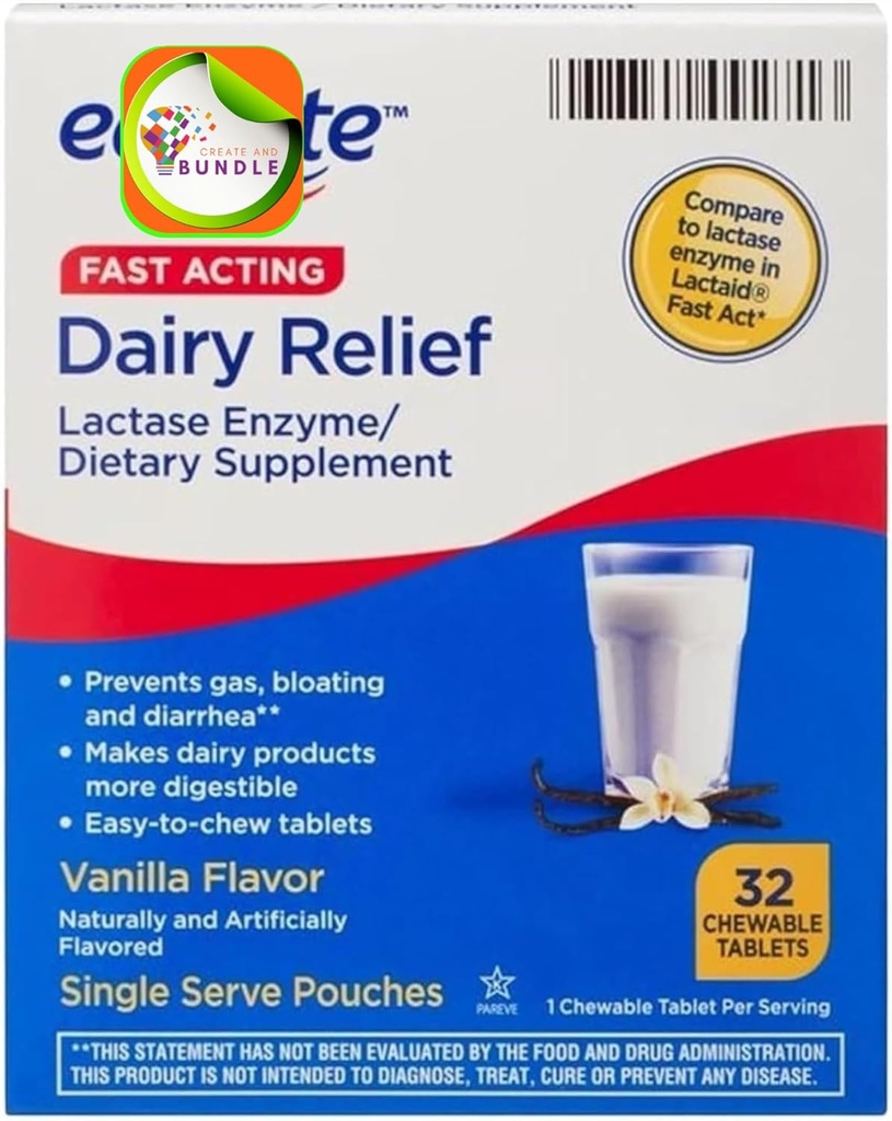 Equate Fast Acting Dairy Relief Lactase Enzyme Dieetsupplement Vanille Smaak kauwtabletten Tabletten 32 Tellen (pakket van 1) + CreativeAndBundle Sticker