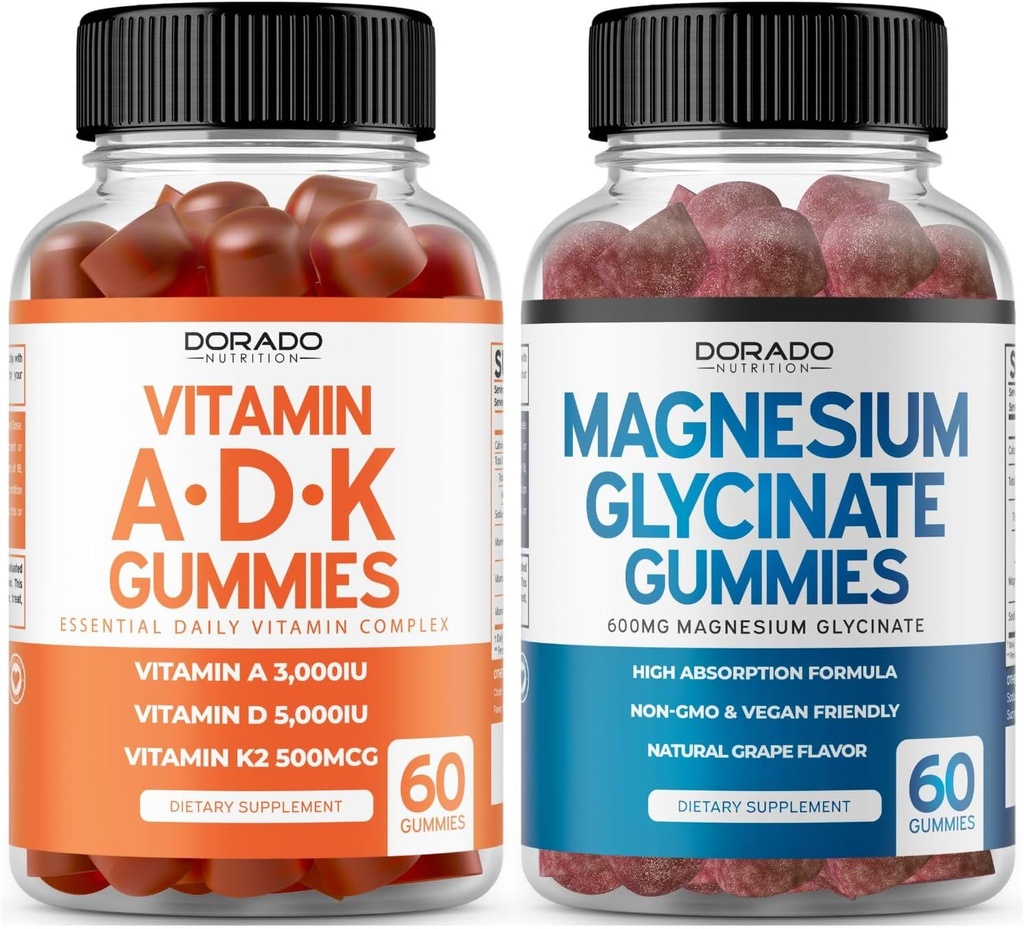 ADK Gummies Vitamine D3 K2 (60 Count) Supplement met D & K-10 Vegan Supplement Raspberry Flavor - Magnesium Glycinate (60 Count) - Glycinate Gummies voor volwassenen - Niet GGO, Veganistisch & Made in USA