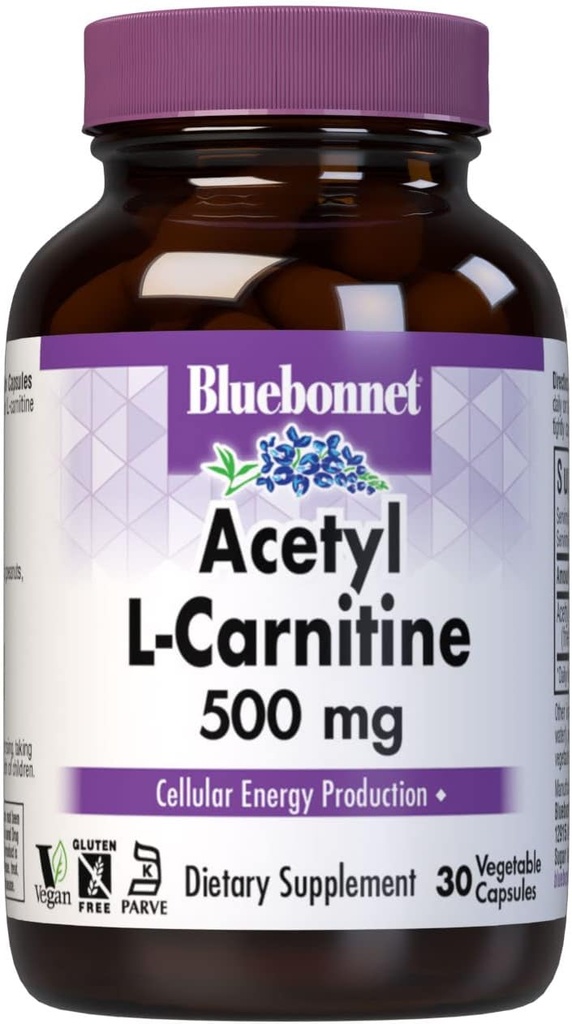 Bluebonnet Nutrition Acetyl L-Carnitine, transporteert vetzuren, verhoogt cellulaire energie, soja & Glutenvrij, Kosher gecertificeerd, Veganistisch, 30 plantaardige capsules, wit, 500mg