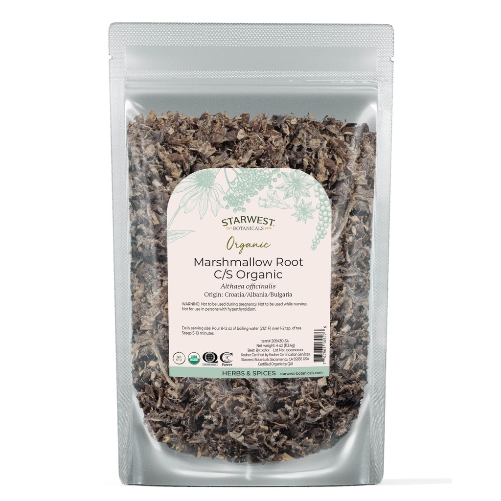 Starwest Botanicals Biologische Marshmallow Root - gedroogde kruiden voor thee, los bladwortelkruid, gesneden & gezeefd, gecertificeerd Kosher, niet-GMO - 4 oz Pouch