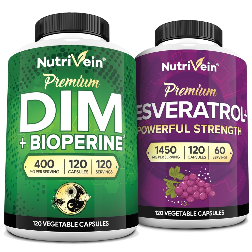 Nutrivein Premium Resveratrol Capsules en DIM Supplement bundel: High-Absorptie Resveratrol Supplement en DIM voor herstel, evenwicht en vitaliteit