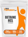 BulkSupplements.com Poudre de HCl bétaïne - Supplément de chlorhydrate de bétaïne, Soutien digestif - Sans gluten, 750mg par portion, 100g (3,5 oz) (paquet de 1)