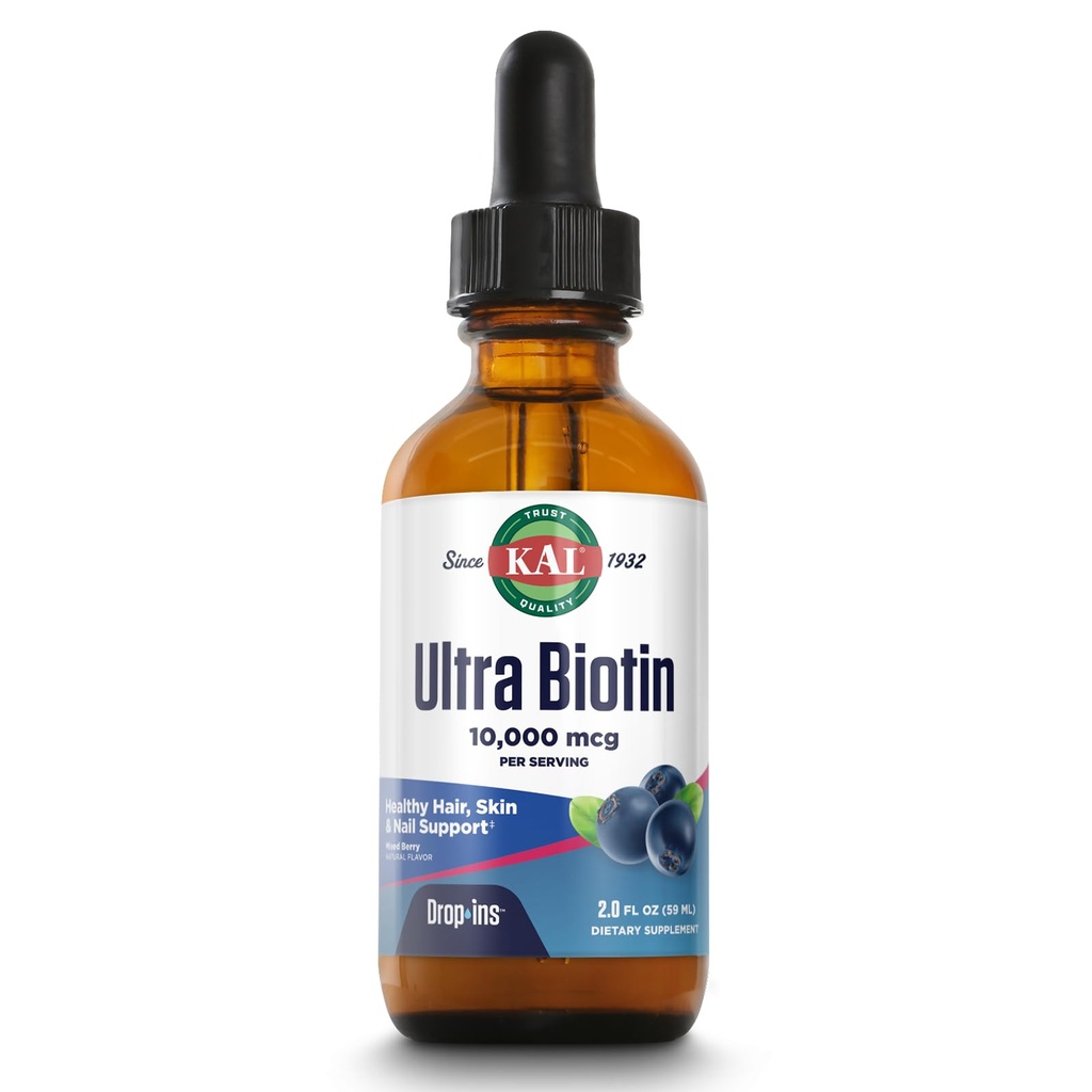 KAL Ultra Biotin 10000mcg DropIns, Liquid Biotin Drops, Hair Growth Supplement, High Potency Vitamine B7, gezond haar, huid, nagels en energie ondersteuning, natuurlijke gemengde Berry smaak, Ca. 59 Serv, 2oz