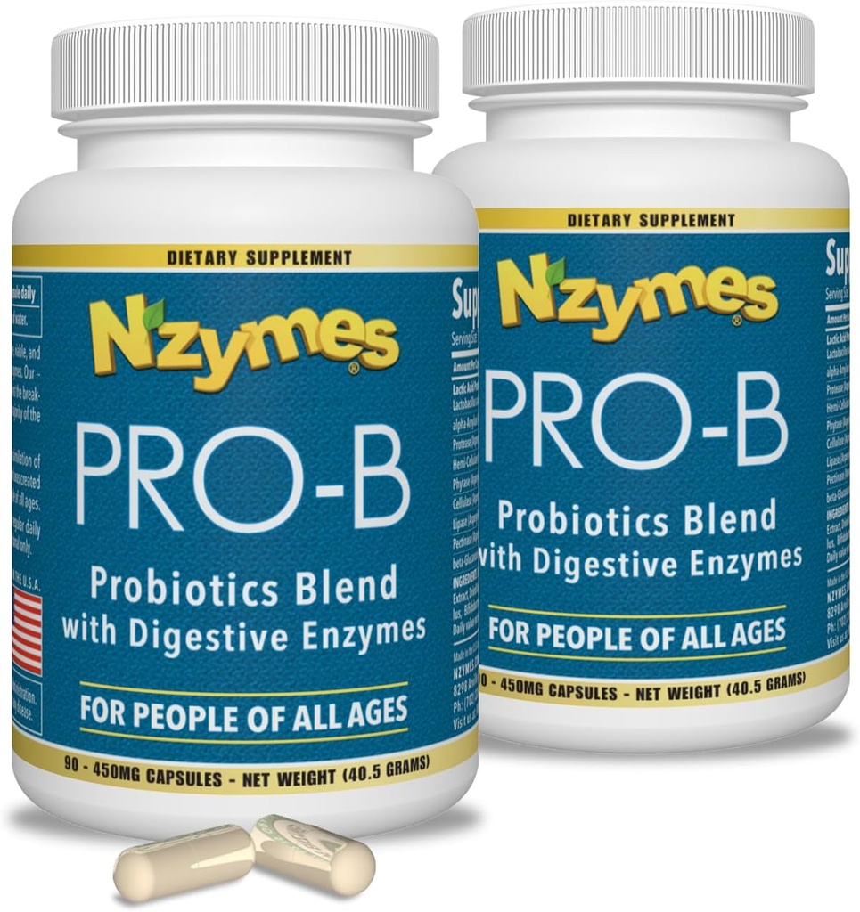 Nzymes® Pro-B Probiotica en spijsverteringsenzymen voor spijsverteringsbalans, betere spijsvertering, indigestie en constipatie (180 Total Caplets) - Made in The USA
