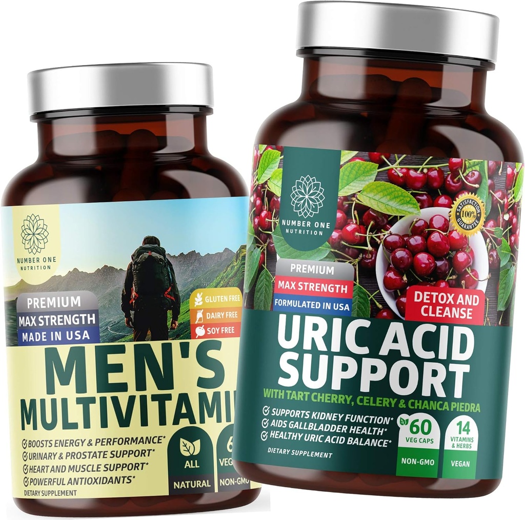 Number One Nutrition N1N Premium Uric Acid Support en mannen Multivitaminen, alle natuurlijke supplementen ter ondersteuning van energieniveaus, prostaatgezondheid en urinetrekfuncties, 2 Pack Bundle