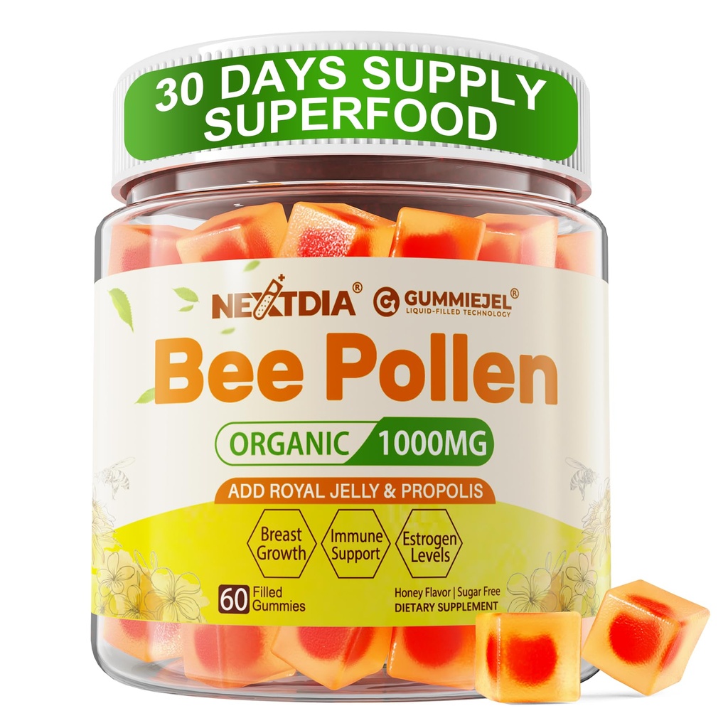Bee Pollen Organic 1000mg, w/Propolis, Royal Jelly, Sugar Free Bee Pollen Gummies Rijk aan B-Vitamine, Antioxidanten, Aminozuren, Bijenpollen supplement voor energie, huid & Immune (1 Pack)