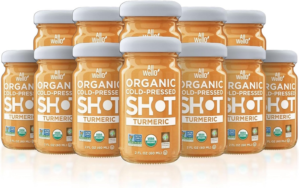 ALLWELLO Cold-Pressed Kurkuma Shot, 60 ml, USDA Biologische Immune Booster met Natu-RAL (12 PK, Kurkuma)
