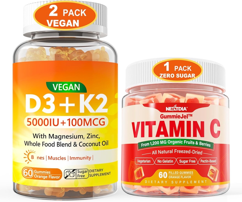 2 Pack Vegan Vitamin D3 5000IE K2 Gummies+ 1 Pack Whole Food Vitamin C Gummies