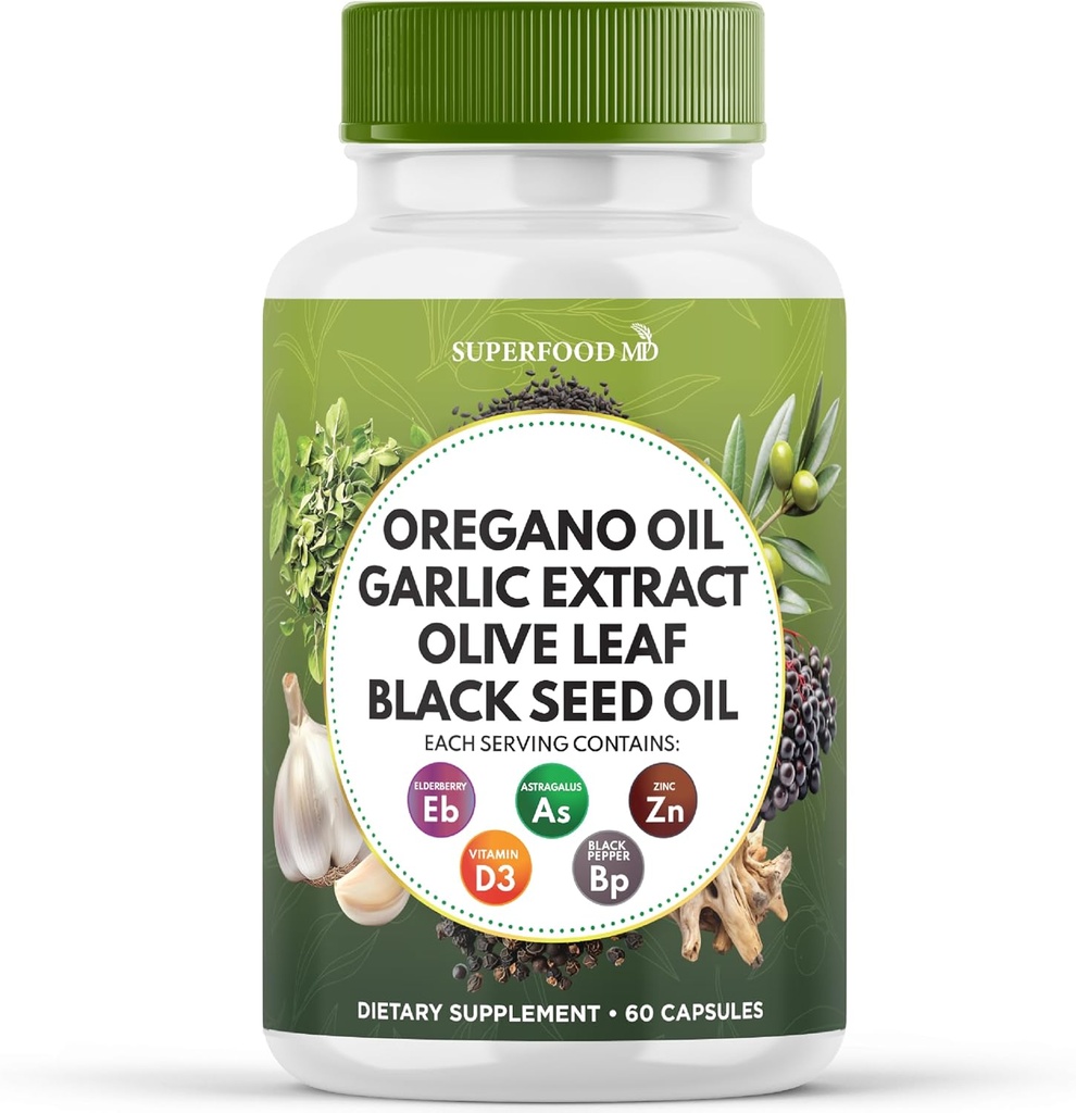 Superfood MD Oregano olie Knoflook Extract Olive Leaf Black Seed Oil Astragalus- voor vrouwen en mannen- 60 Tellen