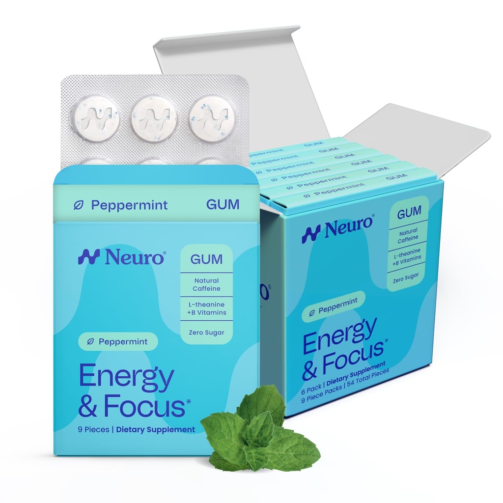 Neuro Energy & Focus Gum - Caffeine Gum with 40mg Natural Caffeine & L-Theanine - Nootropic Energy Supplement with B Vitamins - Sugar Free, Vegan - Peppermint, 54ct