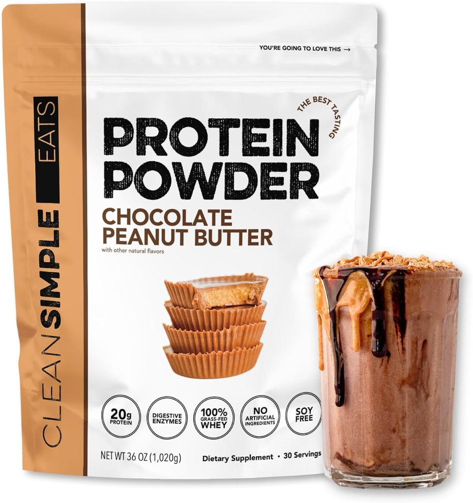 Clean Simple Eats Wei Proteïne Poeder, Chocolade Pindakaas Smaak Natuurlijk zoet, 100% Gras Fed Proteïne Poeder met Digestieve Enzymen & Geen Kunstmatige Ingrediënten, Glutenvrij, 30 porties