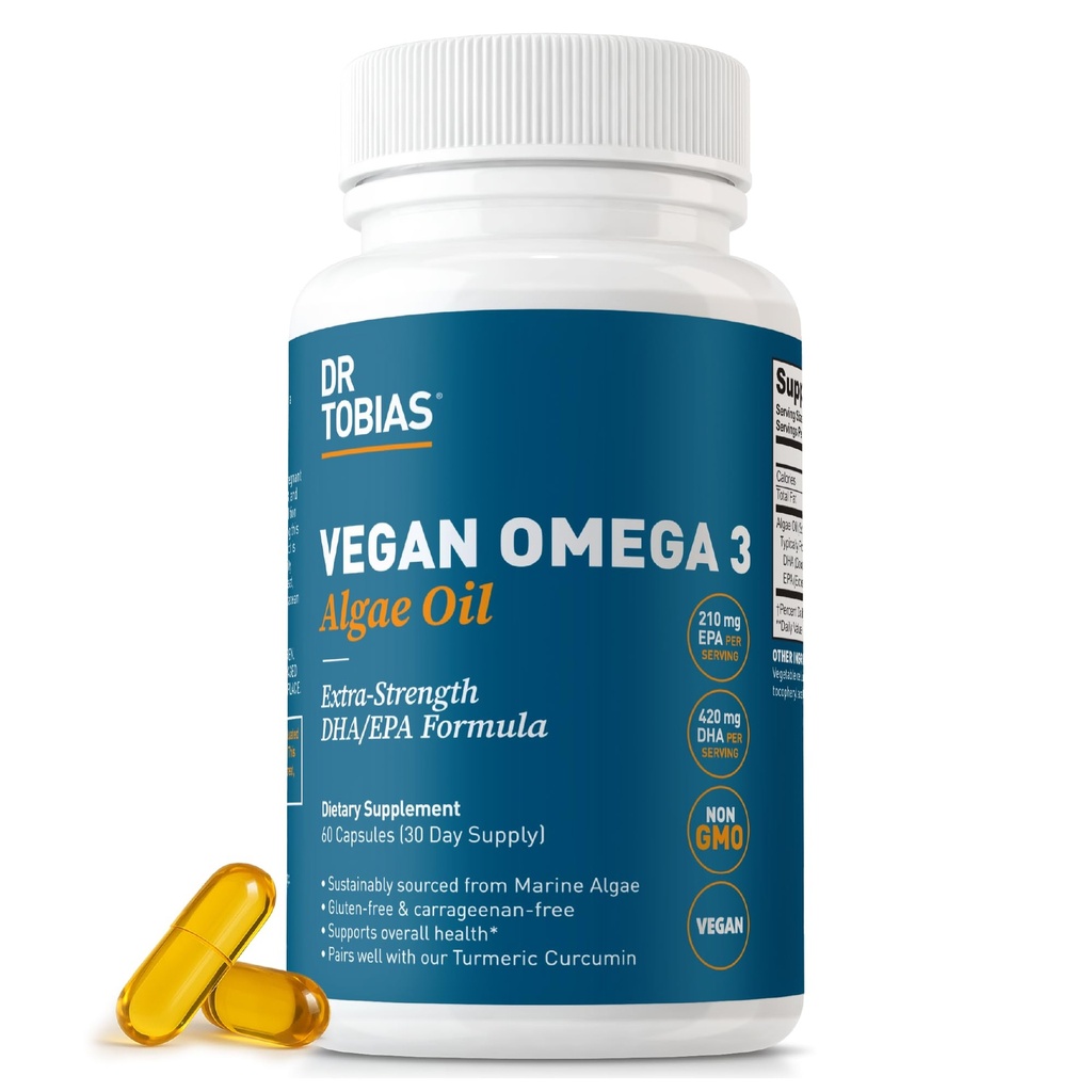 Dr Tobias Vegan Omega 3 Supplément, 1400mg Huile d'algues, 420mg DHA, et 210mg EPA par portion, non-OGM, sans gluten, sans carrageenan, 60 capsules, 30 portions