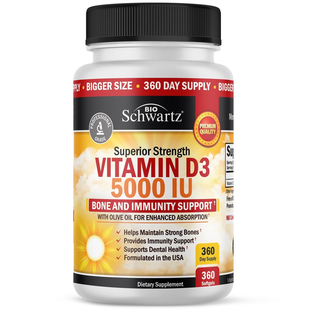 Vitamine D3 5000 IE (125 mcg) Natural Immune Support Supplement, botsterkte, gezonde spierfunctie, met olijfolie voor de hoogste absorptie, glutenvrij & niet-GMO, 1 jaar aanbod, 360 Softgels