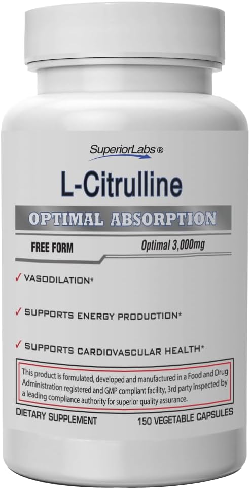 Superior Labs L-Citrulline 3000 mg, Non-GMO, High-Potency Free-Form Amino Acid, Nitric Oxidation & Vasodilatation Booster, Pre-Workout Muscle Pump, Endurance, Cardiovasculaire ondersteuning, 150 Veg Caps
