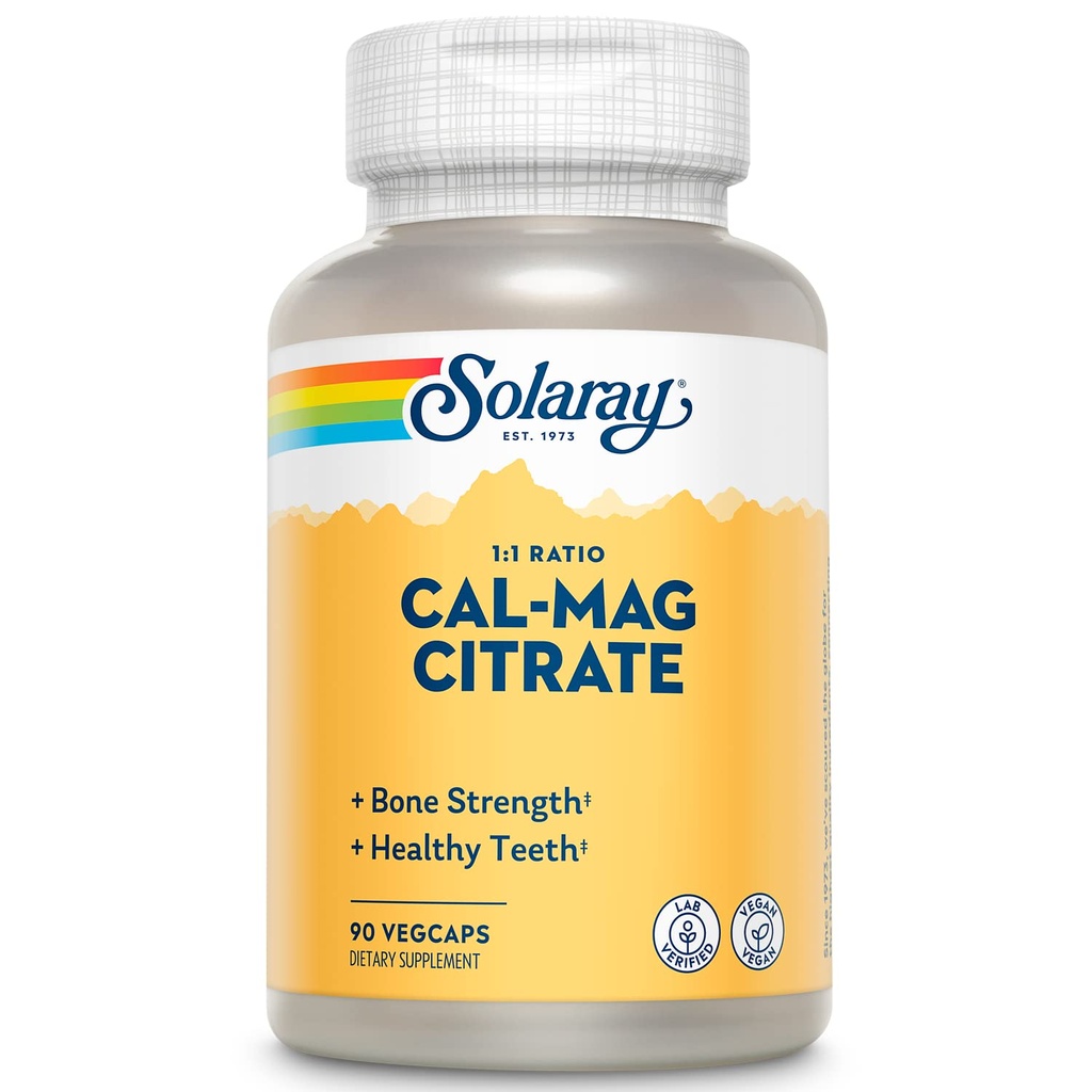 Solaray Calcium Magnésium Citrate 1000mg 1:1 Rapport, Supplément de force osseuse, Muscle, Système nerveux et Bone Health Support, Chélaté pour Haute Absorption, Digestion Douce, 15 portions, 90 VegCaps