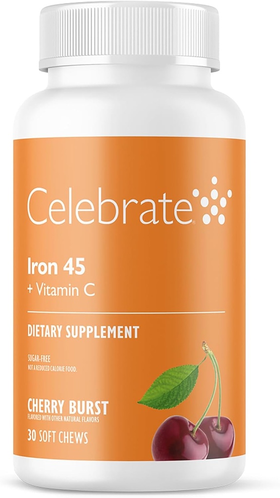Vier vitamines ijzersupplement met vitamine C - 45mg ijzer, 60mg vitamine C, bariatrische vitamines voor WLS-patiënten, verticale sleeve & Gastric Bypass Chirurgie - Cherry, 30 Zachte Kauwen