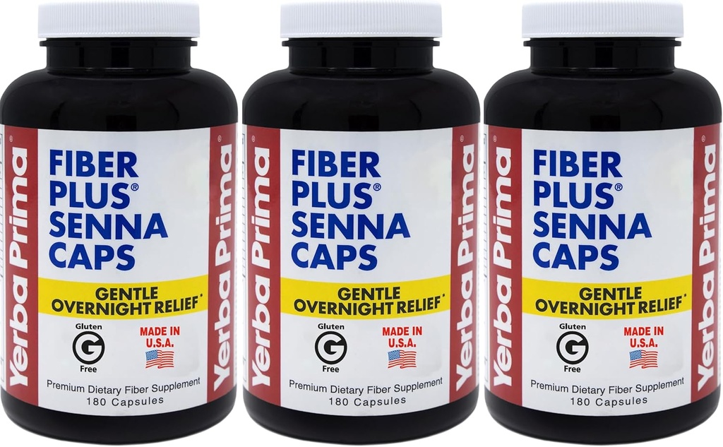 Yerba Prima Fiber Plus Senna Capsules, 180 Count (pakket van 3) - 118 Servings of Gentle Overnight Relief, USA Made, Non-GMO, voor korte termijn gebruik om de regelmaat te herstellen