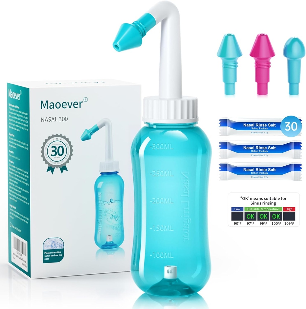 Neti Pot Sinus Rinse Bottle Neus Wash Cleaner Druk Spoel Neus Irrigatie voor volwassen & Kid BPA Gratis 300 ML met 30 Nasal Wash Zout Pakjes en Sticker Thermometer