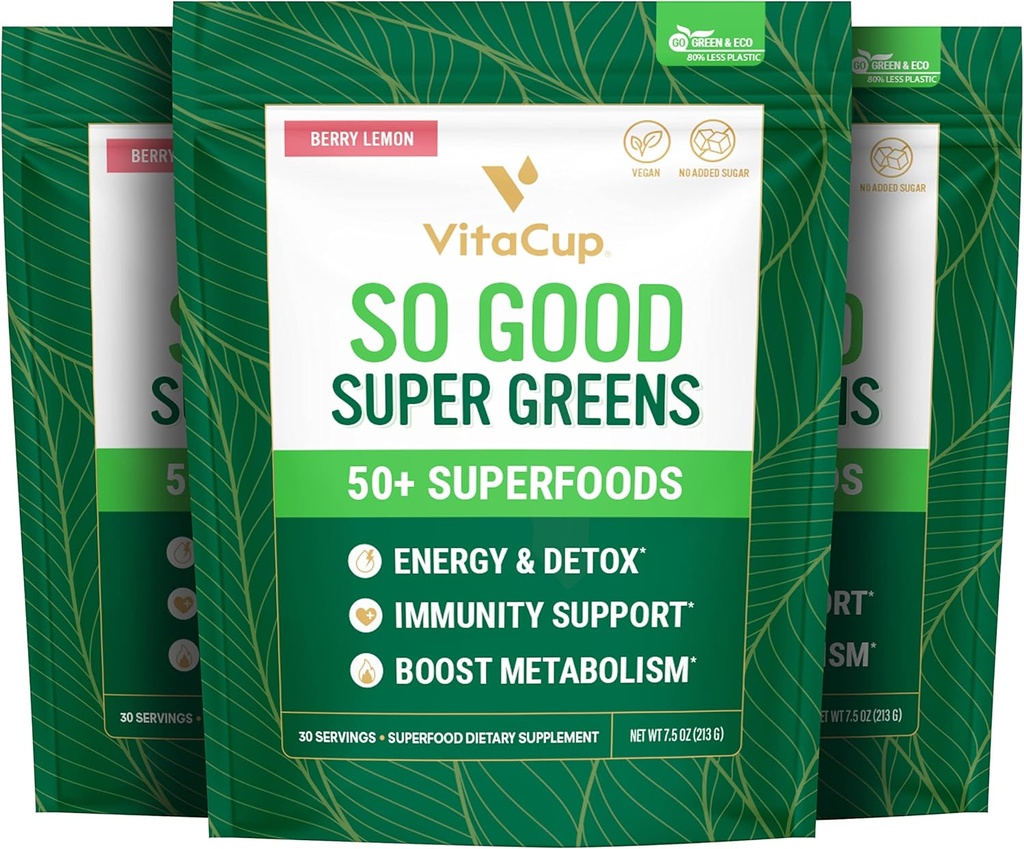 VitaCup Super Greens Powder Smoothie & Juice Mix w/ 50+ Premium Superfoods, Digestive Health, Bloating Relief, Detox, Gut Health w/Probiotics, Antioxidants, Berry Lemon, 30 Servings Each, 3 Bags