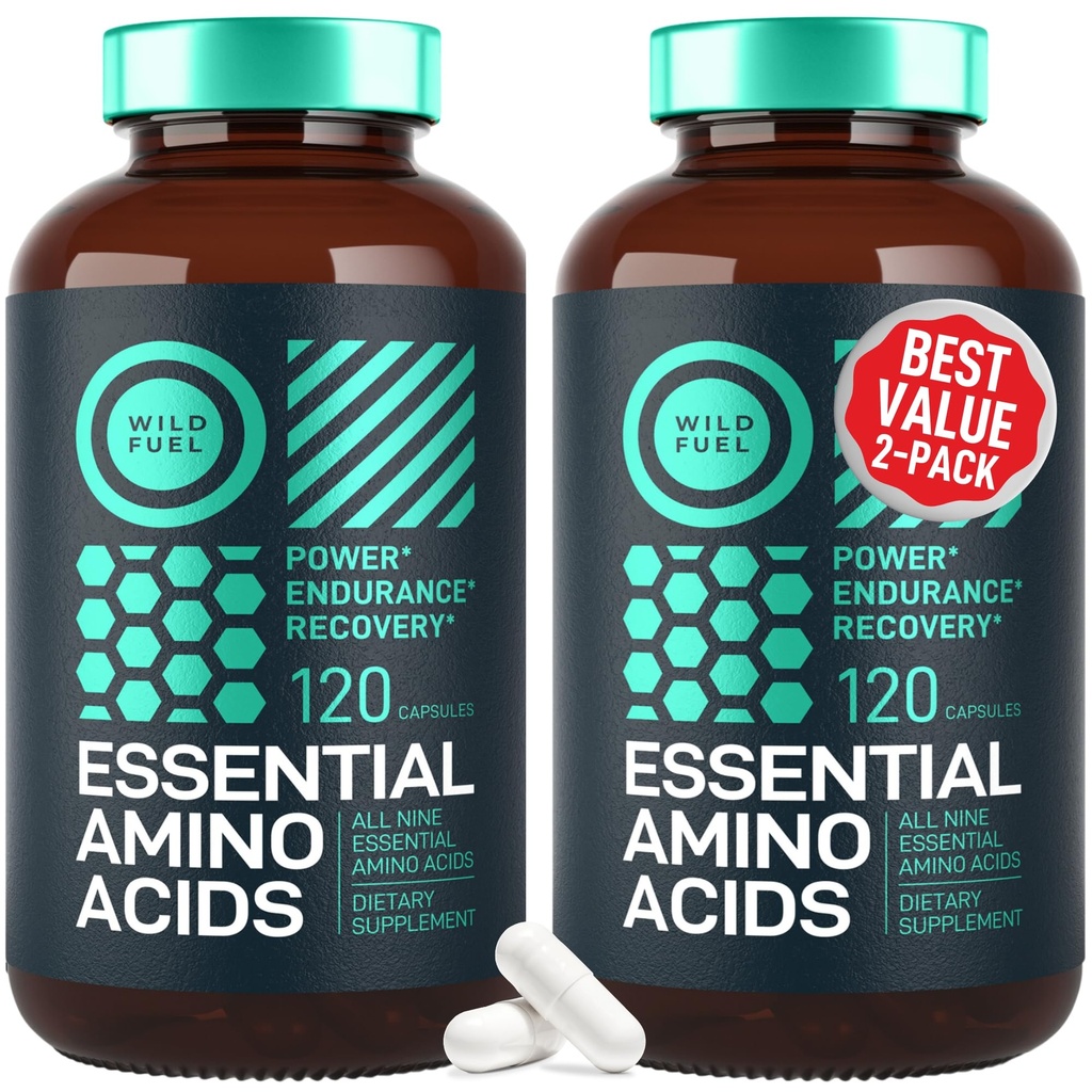 Supplément d'acides aminés essentiels WILD FUEL pour les femmes et les hommes - Toutes les 9 BCAAs Amino Acid Complex pour la puissance et la récupération - EAA Lysine, Tryptophane, Isoleucine - 2 Pack 240 Vegan BCAA Capsules