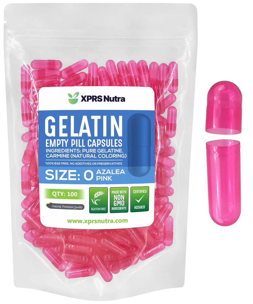 XPRS Nutra Size 0 Empty Capsules - 100 Count Empty Gelatin Capsules - Pills for DIY Capsule Filling - Pure Bovine Pill Gel Caps for Do-It-Yourself Supplements (Azalea Pink)
