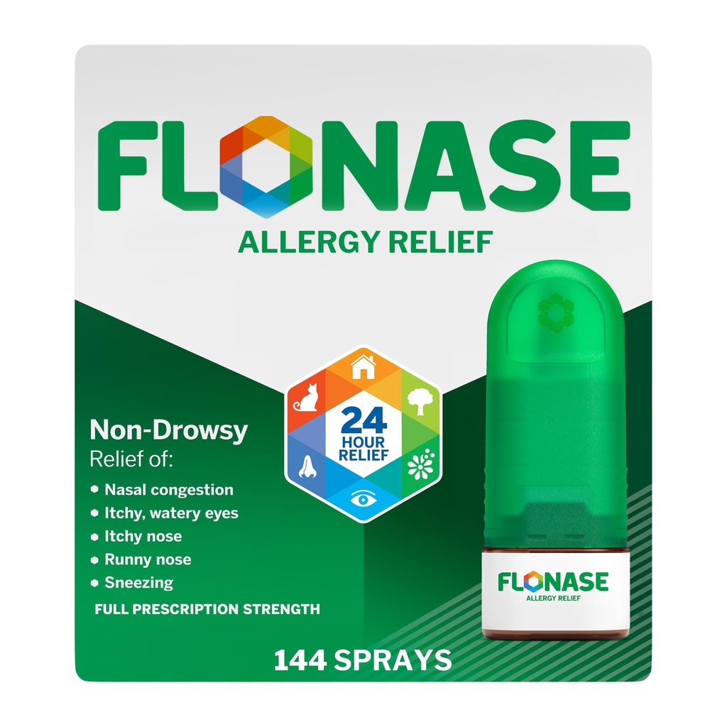 Flonase Allergie Relief Neusspray, 24 uur Non Drowsy Allergie Geneeskunde, Metered Neusspray - 144 Sprays- Vallen en Seizoensgebonden Allergie Relief