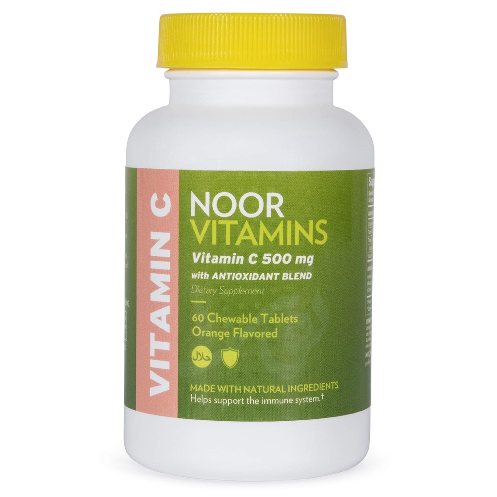 Noor Vitaminen 500 MG Halal Vitamine C Kauwtabletten + Rose HIPS en Antioxidanten I Ondersteunt Immuun Systeem I Veganistisch, Glutenvrij en Halal Vitamine 60 Oranje Smaak Kauwtabletten I 2 Maand Levering