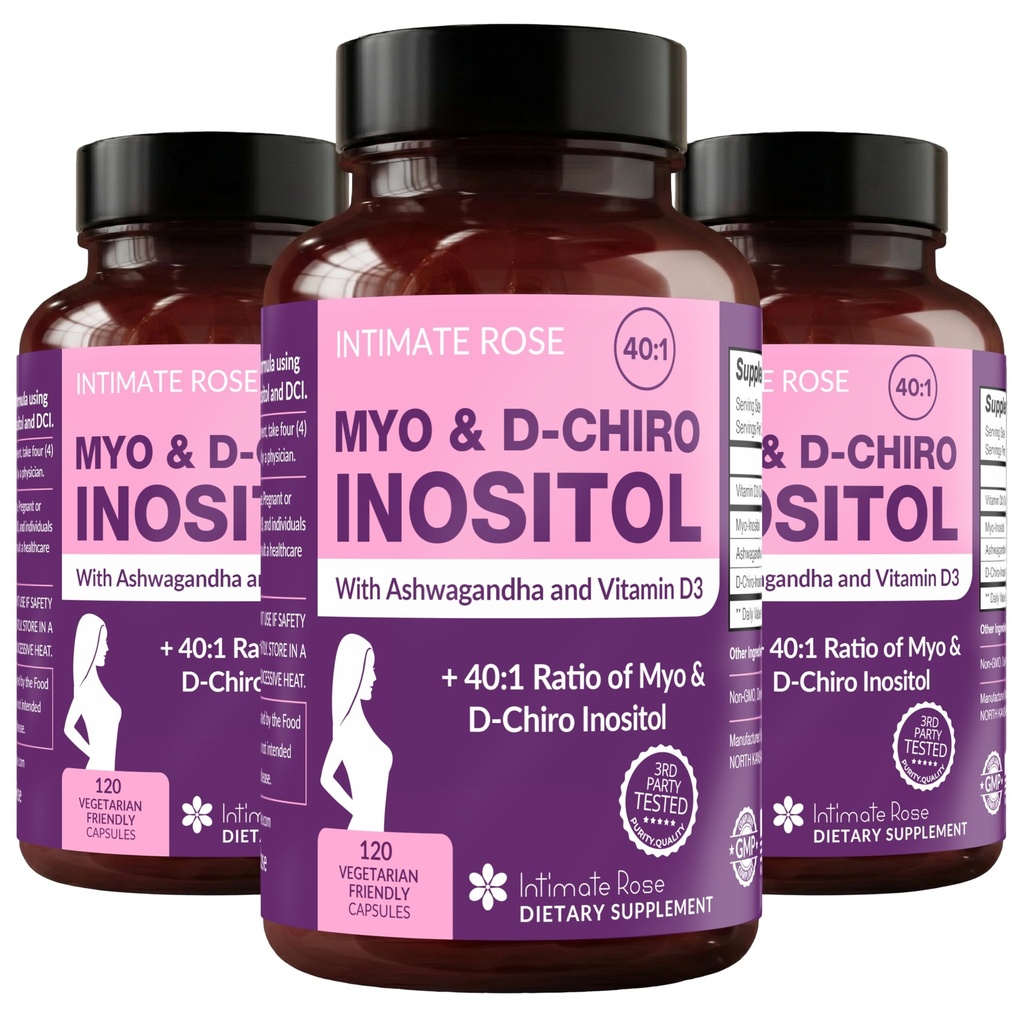 Intieme Rose Myo-Inositol & D-Chiro Inositol Blend - 40:1 Blend Ratio - Vrouwen dagelijkse wellness ondersteuning - Vitamine D & Ashwagandha, 3 flessen