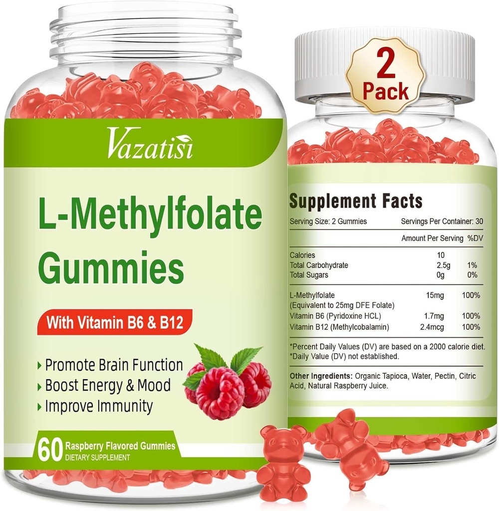 L-methylfolaat 15 mg Gummies met Methyl B12, Folaat Supplement voor Mood, Hersengezondheid, Immuun Ondersteuning, Raspberry Flavor, 120 Tellen