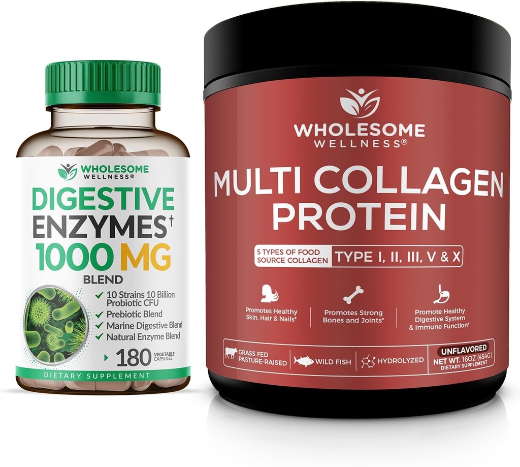 Geheel Wellness Digestieve enzymen 1000MG Plus Prebiotica & Probiotica Supplement + Multi Collageen Proteïne Poeder Gehydrolyseerd (Type I II III V X) Bundel