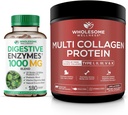 Geheel Wellness Digestieve enzymen 1000MG Plus Prebiotica & Probiotica Supplement + Multi Collageen Proteïne Poeder Gehydrolyseerd (Type I II III V X) Bundel